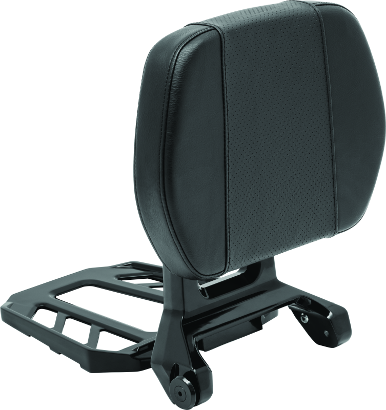 Kuryakyn Neo Driver and Passenger Backrest with Luggage Rack in black mounted on motorcycle seat