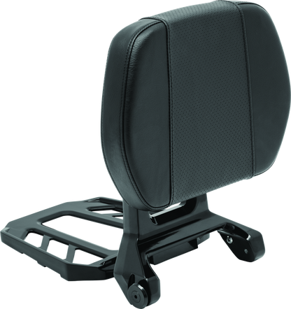 Kuryakyn Neo Driver and Passenger Backrest with Luggage Rack in black mounted on motorcycle seat