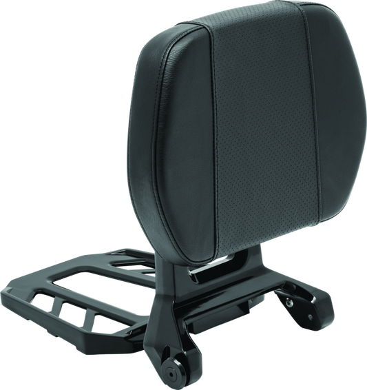 Kuryakyn Neo Driver and Passenger Backrest with Luggage Rack in black mounted on motorcycle seat