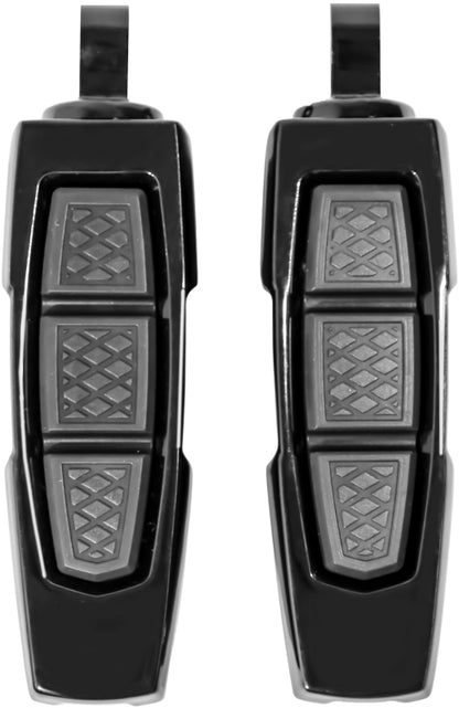 Kuryakyn Enygma motorcycle foot pegs with adapter in glossy black, designed for custom motorcycle accessories.