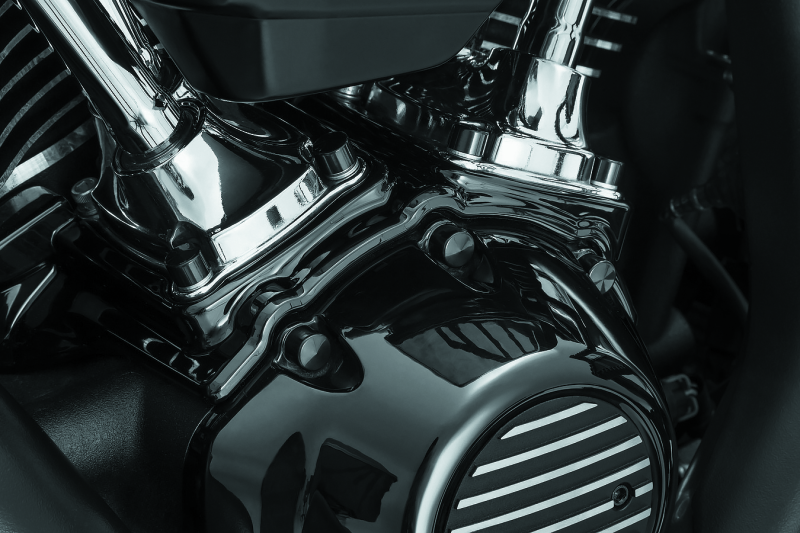 Kuryakyn Kool Kaps Engine Kit for Milwaukee-8 in glossy black, includes chrome caps and installation hardware.