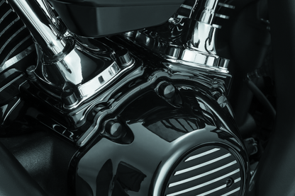 Kuryakyn Kool Kaps Engine Kit for Milwaukee-8 in glossy black, includes chrome caps and installation hardware.