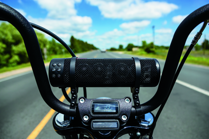 Kuryakyn Road Thunder Plus Sound Bar by MTX with weather-resistant marine speakers and Bluetooth connectivity, mounted on a motorcycle.