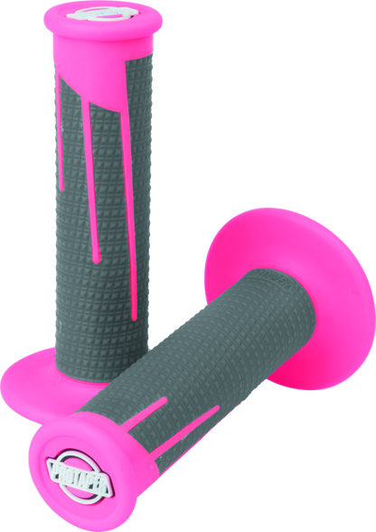 ProTaper full diamond clamp-on grips in neon pink and dark gray for motorcycle handlebars, featuring textured surface and secure fit.