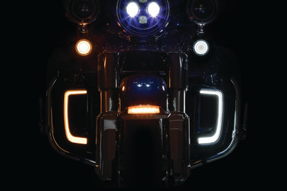 Kuryakyn Tracer LED front turn signal insert for Harley Davidson FLHX and FLTR 2008-2015 models, showing the bright LED turn signals.