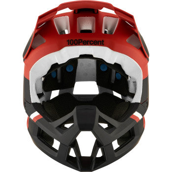 Red Fidlock cargo bicycle helmet in small size with 100% Trajecta design, featuring secure strap and ventilation.