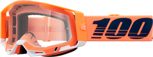Bill's Exhausts 100% Racecraft 2 Coral Goggles with clear lenses, designed for motocross or racing activities.