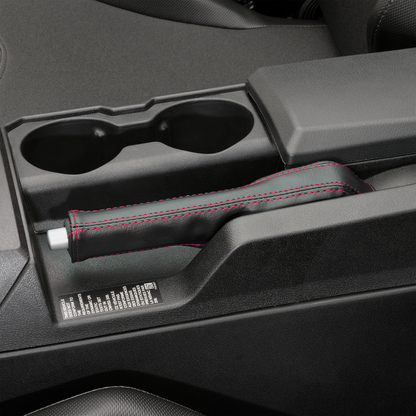 Bill's Exhausts SHOW CHROME E-Brake Cover for Slingshot with red stitching, engine accessory with chrome finish.