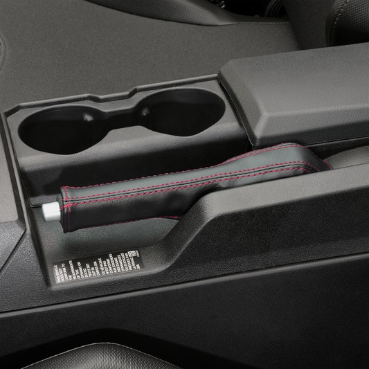 Bill's Exhausts SHOW CHROME E-Brake Cover for Slingshot with red stitching, engine accessory with chrome finish.
