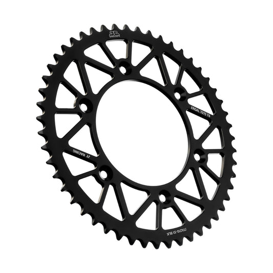 JT RaceLite aluminum rear 51-tooth sprocket for Beta and Honda 520 chain bikes, black finish, lightweight performance gear.