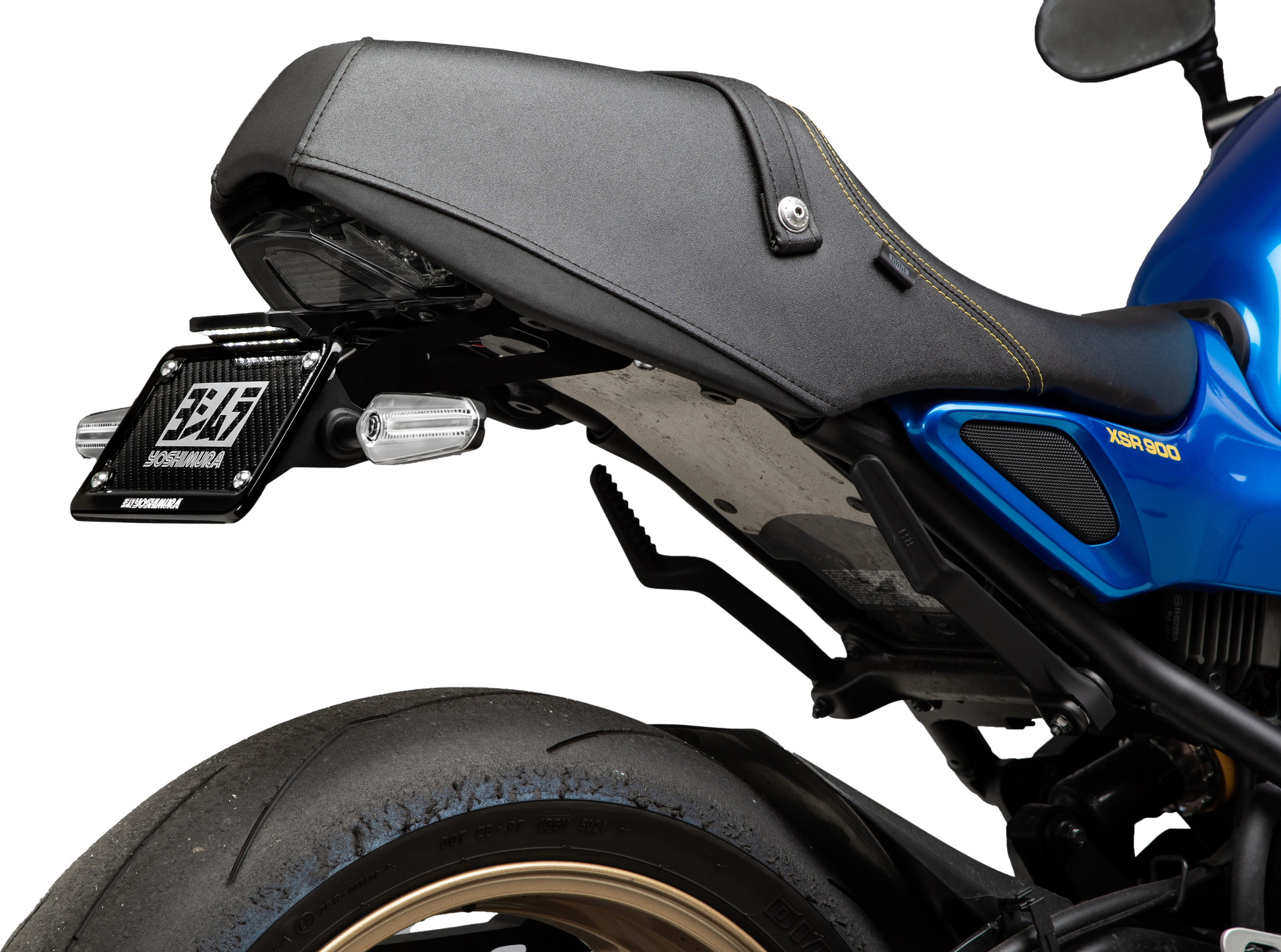 YOSHIMURA Fender Eliminator Kit for Yamaha motorcycle, showing sleek black metal design and mounting brackets.