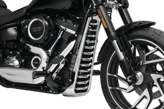 Kuryakyn Precision Chin Spoiler in chrome for M8 Softail motorcycle models, featuring sleek, aerodynamic design.