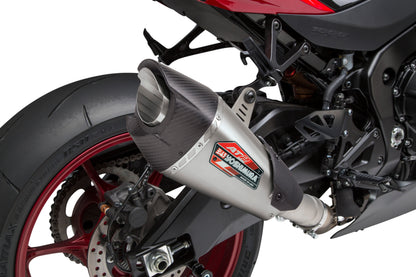 YOSHIMURA Yoshimura AT2 Street SS/Ss/Cf Wf Works exhaust for Suzuki motorcycle, showing the stainless steel and carbon fiber finish.