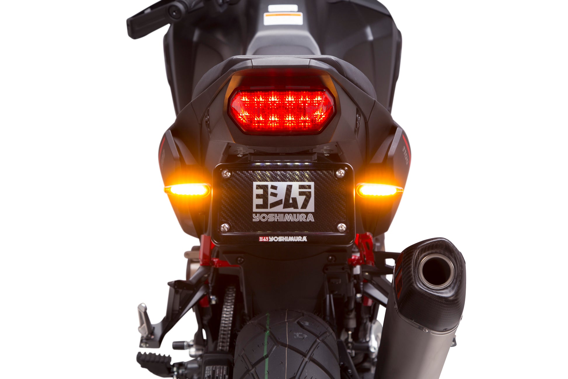 YOSHIMURA Fender Eliminator Kit for BMW motorcycle with sleek race look and integrated LED lights, designed for a clean rear profile.