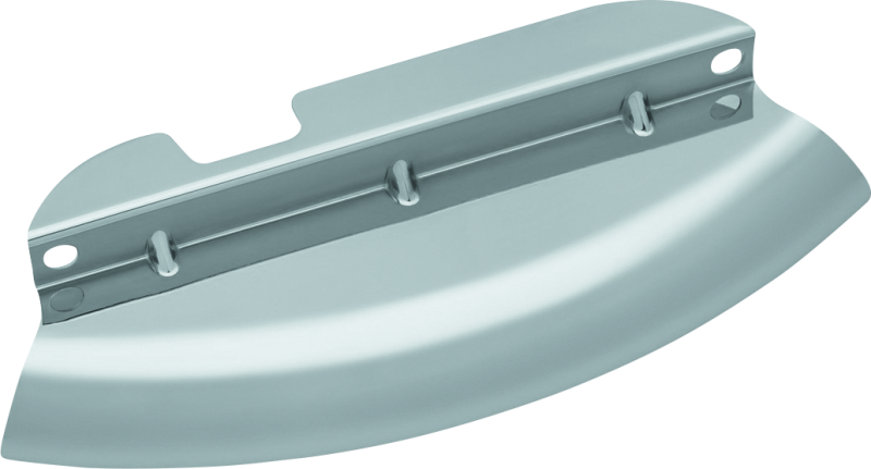 Kuryakyn chrome lower triple tree wind deflector for Harley Davidson touring models, mounted on front fork with chrome finish.