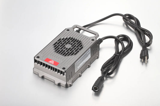 E Ride Pro 72V 10A battery charger for electric bikes and scooters, featuring a compact design and multiple compatibility options.