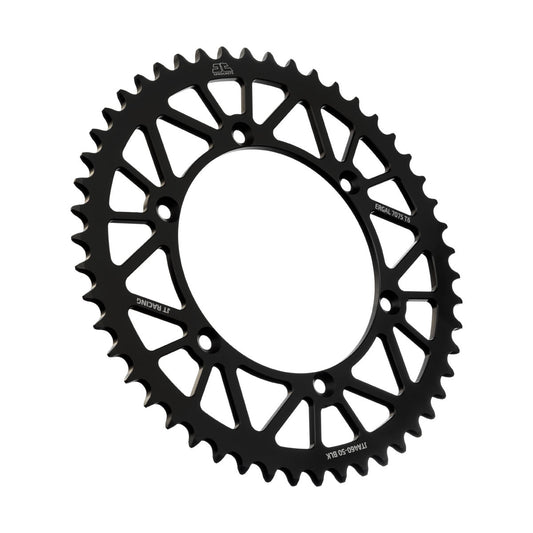 JT Racing JTA460.50BLK rear aluminum sprocket with 50 teeth for 520 chain, black color, showing the sprocket's teeth and design.