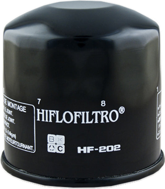 HIFLOFILTRO HF202 motorcycle oil filter showing the cylindrical metal canister with filter elements inside.