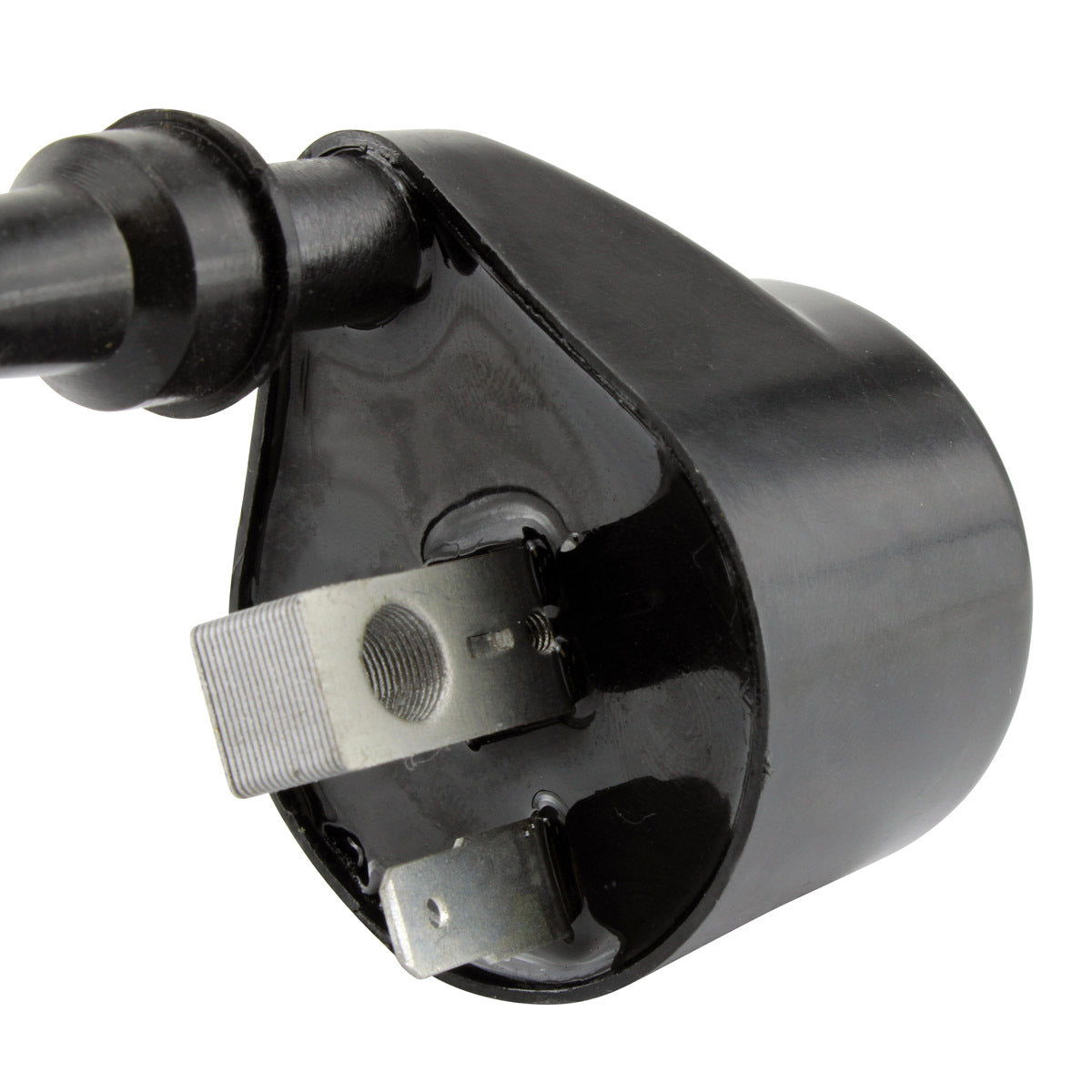 RM STATOR external ignition coil part RM06158, showing a close-up of the plug-and-play replacement coil with wiring connector.