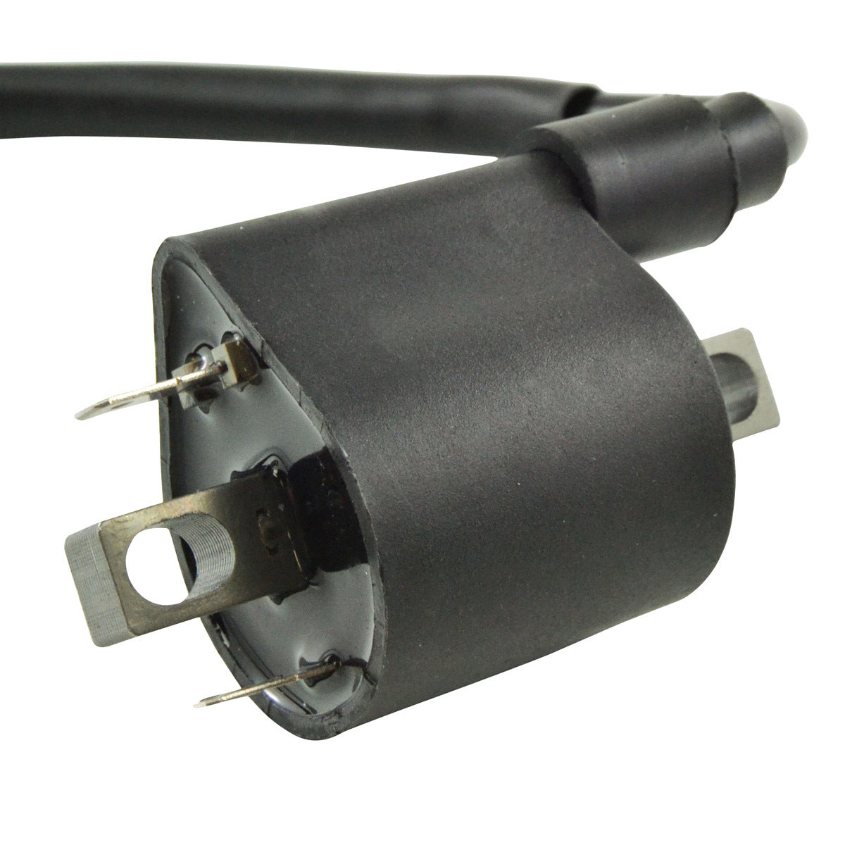 RM STATOR external ignition coil with spark plug cap, showing the coil and attached cap for motorcycle or small engine ignition system.