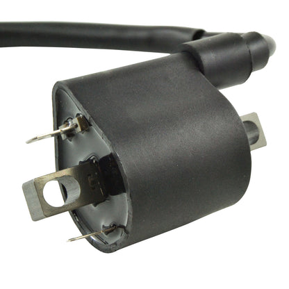 RM STATOR external ignition coil with spark plug cap, showing the coil and attached cap for motorcycle or small engine ignition system.