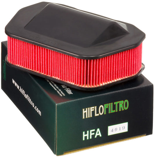 HIFLOFILTRO HFA4919 air filter for high-performance engines, showing a clean, cylindrical engine air filter element in close-up.
