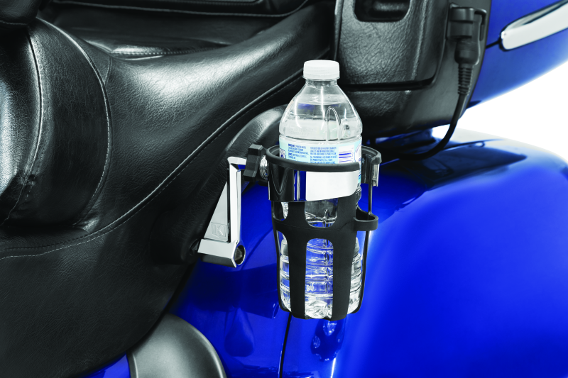 Kuryakyn Reflex drink holder for Honda Goldwing GL1800 passenger mount, chrome finish, mounted on motorcycle handlebar.