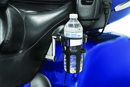 Kuryakyn Reflex drink holder for Honda Goldwing GL1800 passenger mount, chrome finish, mounted on motorcycle handlebar.
