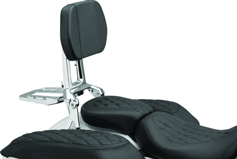 Kuryakyn Neo Driver and Passenger Backrest with Chrome Luggage Rack for motorcycle, showing the chrome backrest and luggage rack.