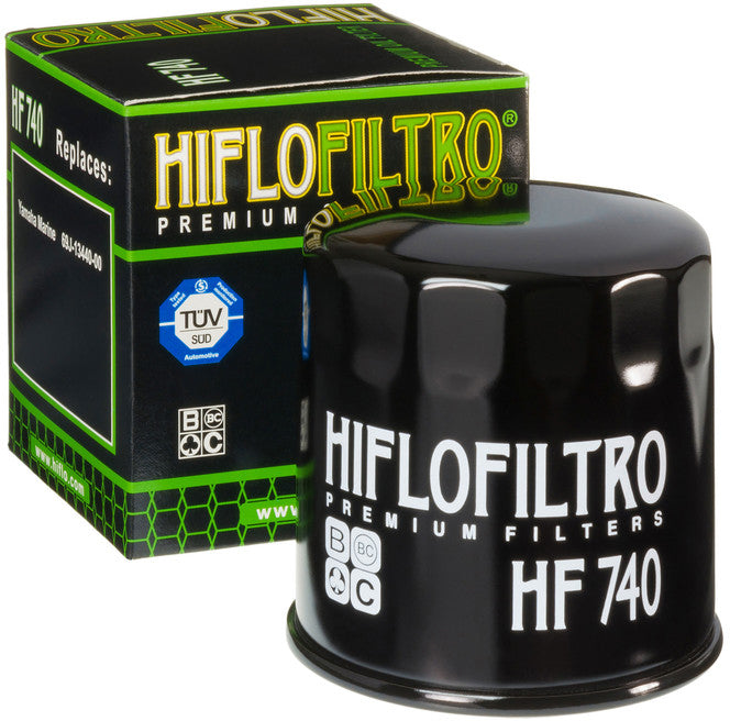 HIFLOFILTRO HF740 motorcycle oil filter showing the cylindrical filter element with brand markings and packaging.