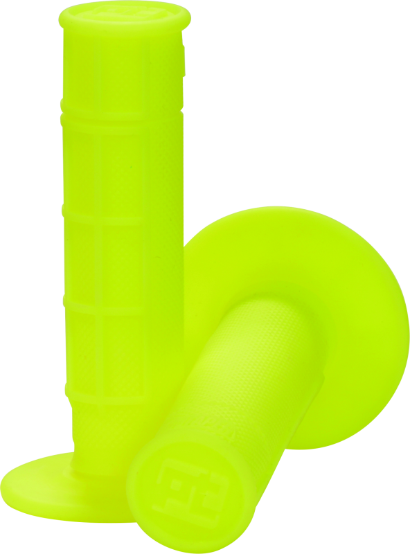 ProTaper 1/2 Waffle grips in neon yellow attached to motorcycle handlebars, showcasing textured grip surface for enhanced control