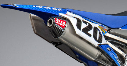 YOSHIMURA RS-4 exhaust header, canister, and end cap system with stainless steel and carbon fiber components, motorcycle exhaust system