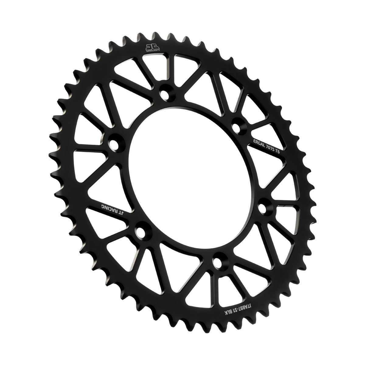 JT Racing JTA897.51BLK rear RacLite aluminum 51-tooth sprocket for Husqvarna and KTM motocross bikes, showcasing the black sprocket with teeth.