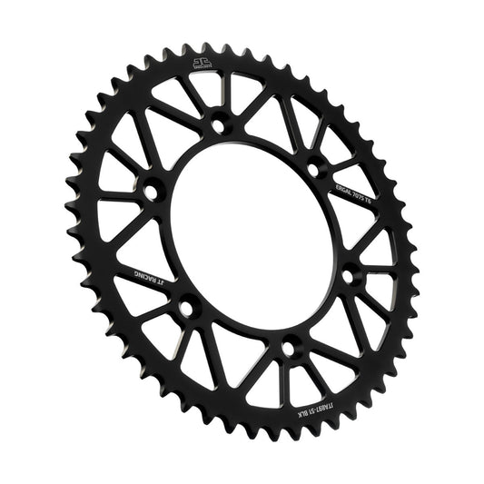 JT Racing JTA897.51BLK rear RacLite aluminum 51-tooth sprocket for Husqvarna and KTM motocross bikes, showcasing the black sprocket with teeth.