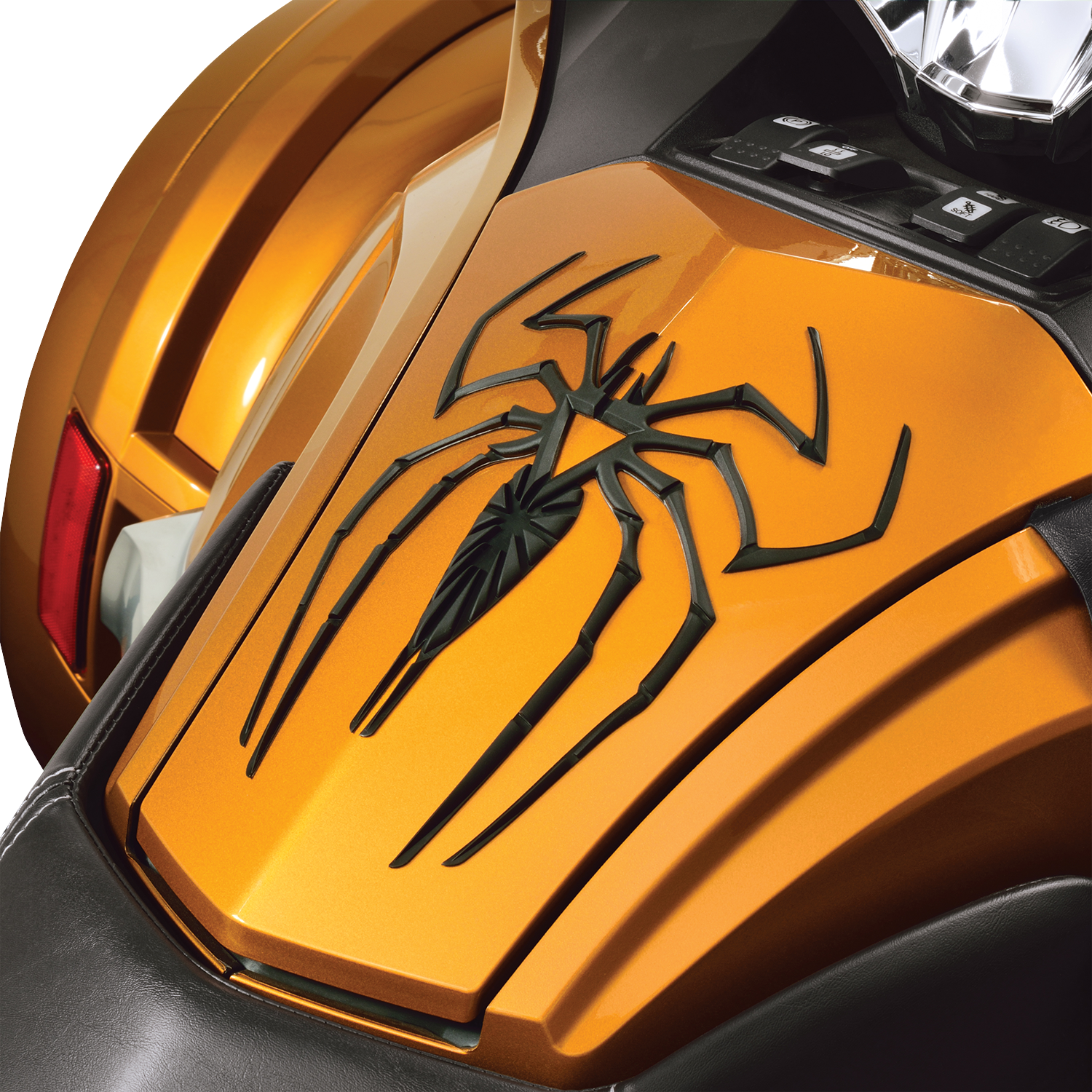Black SHOW CHROME Spider Tank Pad for motorcycle engine protection, featuring a detailed spider design.