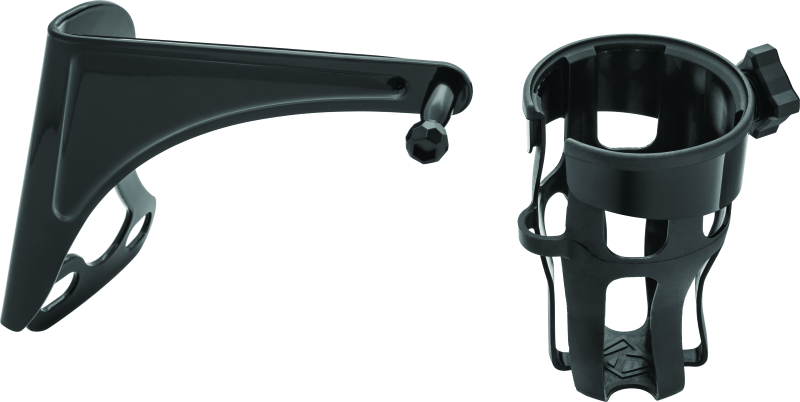 Kuryakyn Reflex drink holder in glossy black mounted on the right side of a Harley Touring motorcycle.