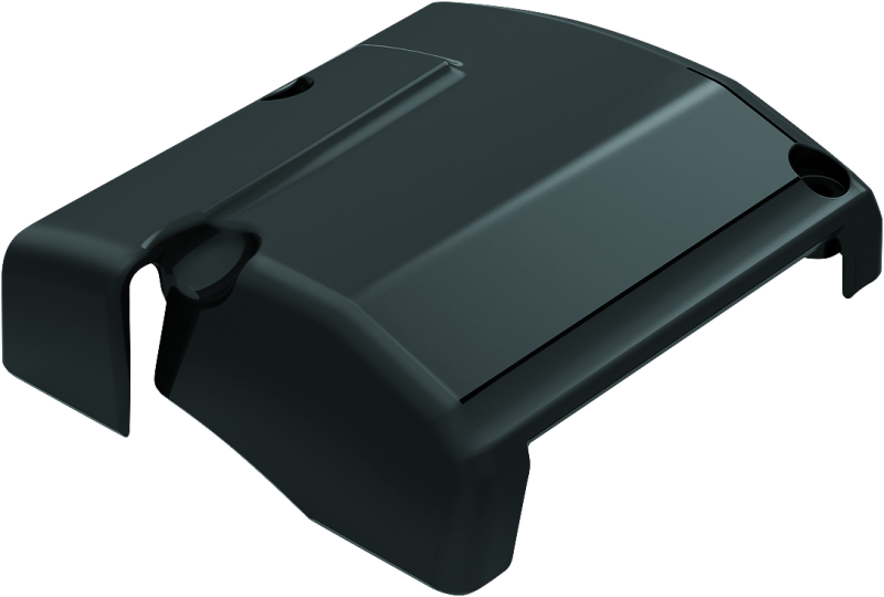Kuryakyn Precision Transmission Top Cover in black for Harley-Davidson motorcycle, showing detailed close-up of the metal cover.