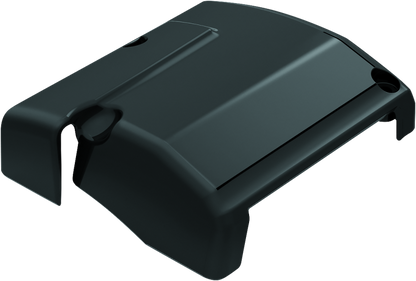 Kuryakyn Precision Transmission Top Cover in black for Harley-Davidson motorcycle, showing detailed close-up of the metal cover.