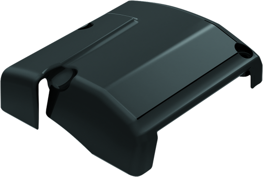 Kuryakyn Precision Transmission Top Cover in black for Harley-Davidson motorcycle, showing detailed close-up of the metal cover.