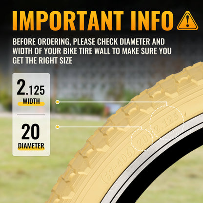 Hycline Bowlite beige and white wall bicycle tires, 16-inch diameter, 20×2.125 inches, mounted on a bike wheel.