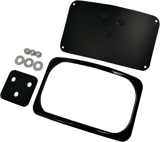 Gloss black DRAG SPECIALTIES 3-hole license plate mount for motorcycles, featuring a durable metal construction.