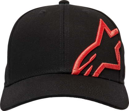 Alpinestars Corp Snap 2 black and warm red hat featuring adjustable snapback, branded logo on front, one size fits most.