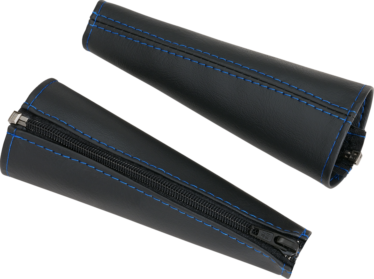 Black SHOW CHROME seat belt covers with blue stitching, designed for engine safety and style by Bill's Exhausts.