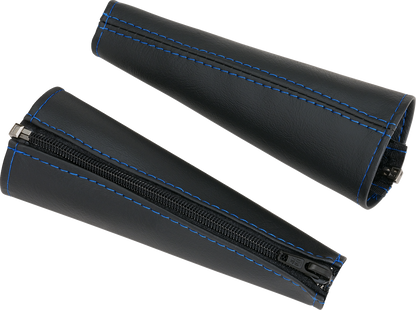 Black SHOW CHROME seat belt covers with blue stitching, designed for engine safety and style by Bill's Exhausts.
