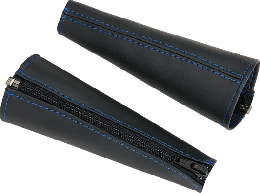 Black SHOW CHROME seat belt covers with blue stitching, designed for engine safety and style by Bill's Exhausts.
