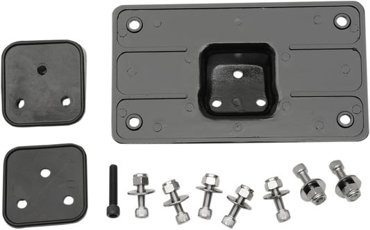 Black DRAG SPECIALTIES Fender License Plate Mount for motorcycle, featuring sturdy metal construction and mounting hardware.