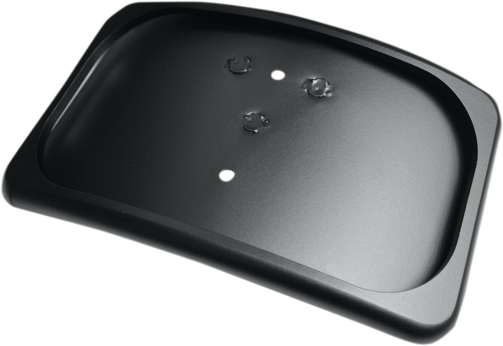 DRAG SPECIALTIES flat black 3-hole radius license plate mount for motorcycles, shown in black finish with mounting hardware.