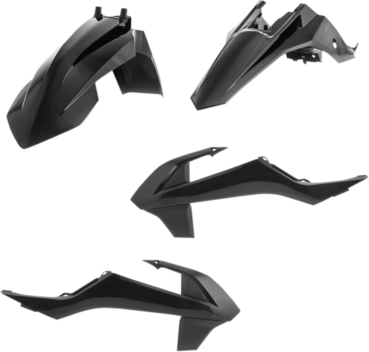 Black Acerbis standard replacement body kit for motorcycles, shown in a detailed view of the assembled body components.