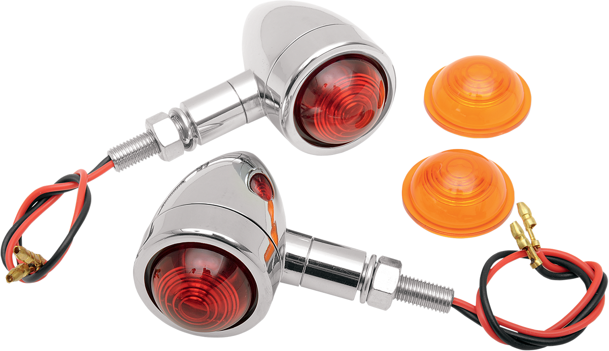 DRAG SPECIALTIES Mini-Bullet Amber and Red Motorcycle Light Kit installed on a custom motorcycle showing the compact LED lights.
