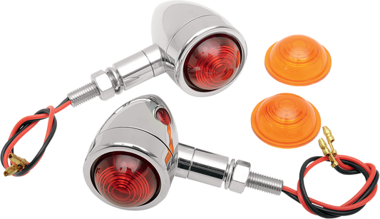DRAG SPECIALTIES Mini-Bullet Amber and Red Motorcycle Light Kit installed on a custom motorcycle showing the compact LED lights.